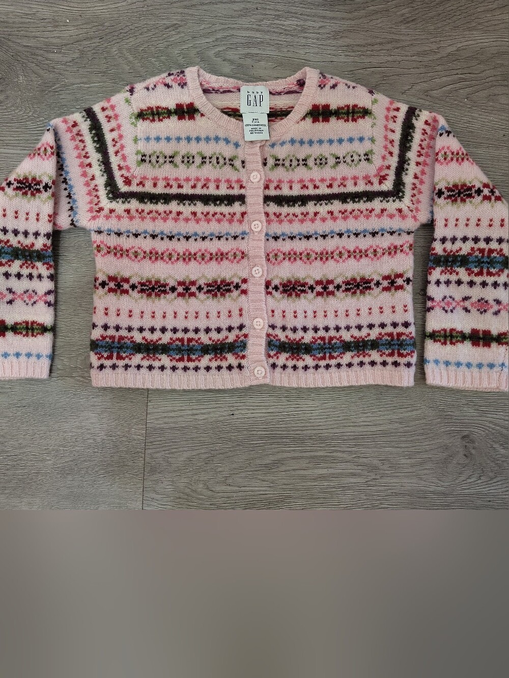 VTG 2000 Baby Gap Girls Size 2T Pink 100% Lambswool Fair Isle Cardigan Sweater
